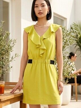 Rachel Roy Ruffled V-Neck Sleeveless Dress in Lime Sz 4